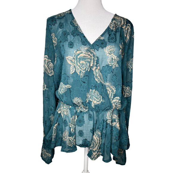 Venus Teal Floral Wrap Blouse Womens Long Sleeve V-Neck Size 12 - Picture 3 of 11